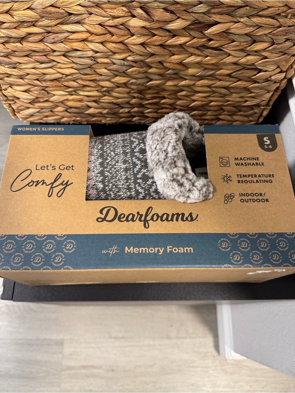 Dearfoams Gray Knit Slip-On Slippers with Cream Sherpa Cuff